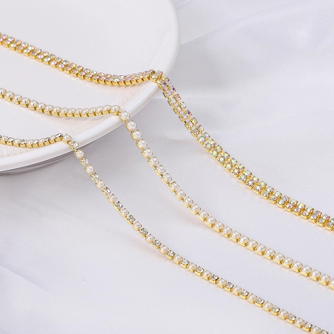 Cadena de Garra de Perlas Artificiales y Strass DIY Base de Metal de Cobre Galvanizado 1-10 Yardas Accesorio para Joyería y Costura