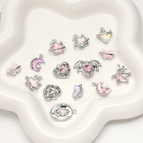 Alloy Glass Inlaid Butterfly Moon Heart Star Pendants For DIY Jewelry Making Sweet Romantic Pendant Only Without Chain