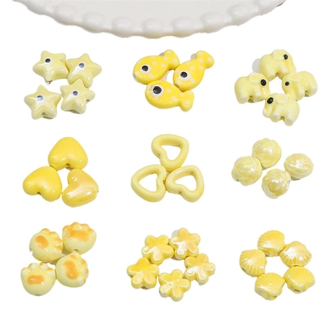 Yellow Ceramic Beads For DIY Jewelry Making Cartoon Animal Heart Star Flower Shaped Loose Beads Crafting Accessories Hand Painted Beads