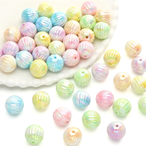 Iridescent Acrylic Ribbed Round Beads Plated Halo Dye Pumpkin Loose Beads For Handmade DIY Bracelet Jewelry Making Material Pack