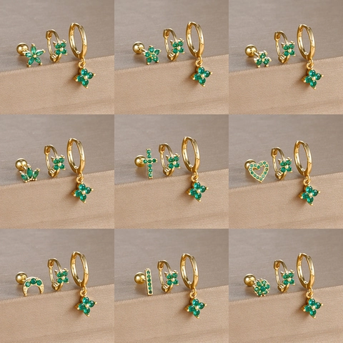 Vintage Vergoldete Kupfer Grüne Zirkonia Stecker Und Creolen Kleeblatt Herz Stern Stile Für Damen Party Schmuck