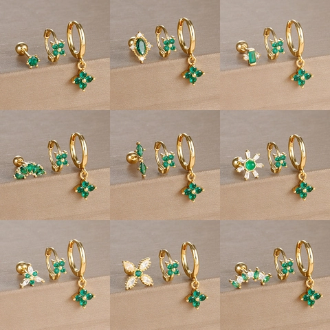 French Vintage Copper Emerald Green Rhinestone Stud Hoop Earrings Four Leaf Clover Geometric Inlaid Women Fashion Jewelry Accessories