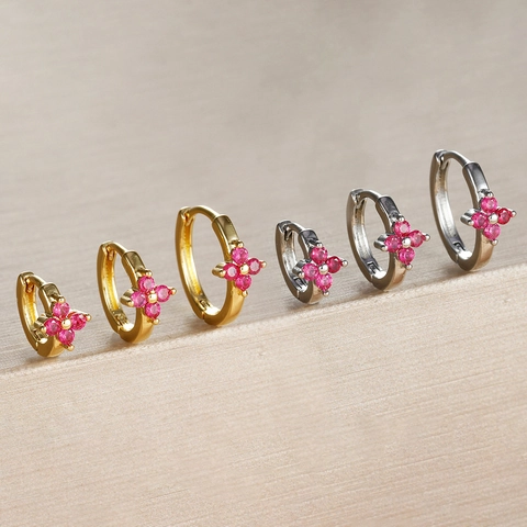 Rose Red Zirconia Flower Ear Hoops For Women Copper Electroplated Four-Petal Clover Huggie Earrings Jewelry Accessory