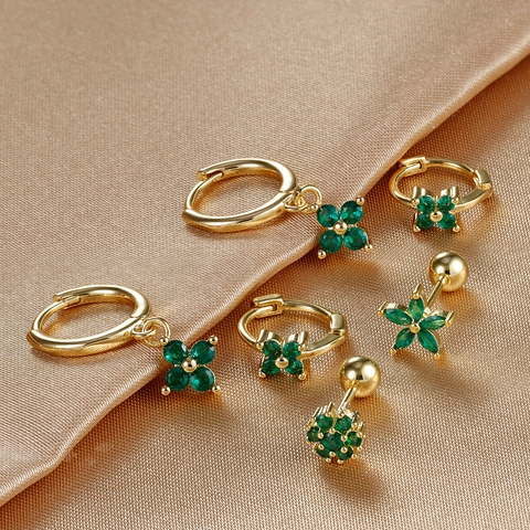 Vintage Vergoldete Kupfer Grüne Zirkonia Stecker Und Creolen Kleeblatt Herz Stern Stile Für Damen Party Schmuck