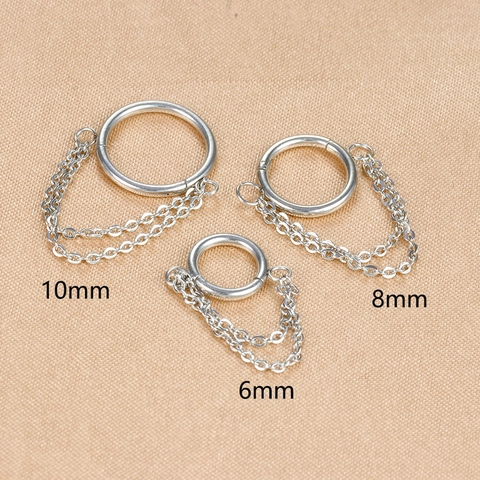 Stainless Steel Double Chain Tassel Hoop Earrings Hinged Clicker Segment Ring Piercing Jewelry For Women Daily Fashion Accessories