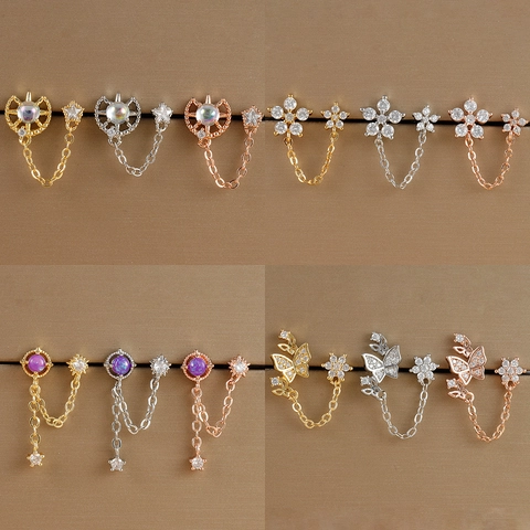 Boucles d'Oreilles Chaîne Double Piercing Acier Inoxydable Zirconia Fleur Lune Étoile Papillon Bijoux Pour Femmes