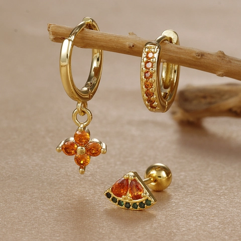 Zirconia Fruit Floral Hoop And Stud Earrings Collection Copper Gold Silver Plated Jewelry For Women Daily Fashion Accessories