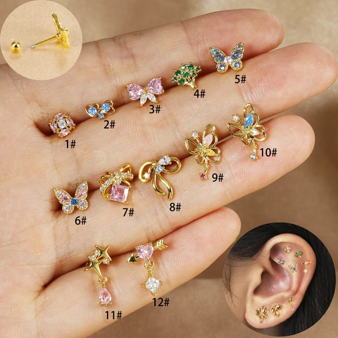 Butterfly Bow Star Tree Stainless Steel Earring Studs Gold Silver Plated Zirconia Cartilage Piercing Jewelry For Women