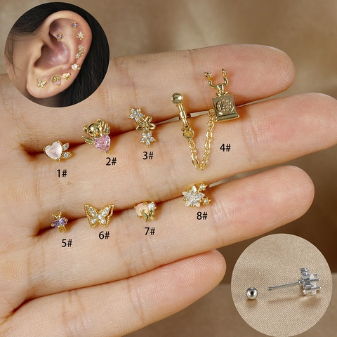 Stainless Steel Zircon Stud Earrings Screw Back Cartilage Piercing Jewelry Heart Bear Butterfly Star For Women Jewelry