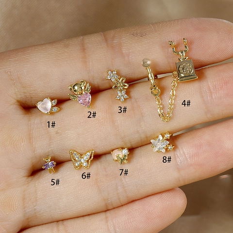 Stainless Steel Zircon Stud Earrings Screw Back Cartilage Piercing Jewelry Heart Bear Butterfly Star For Women Jewelry