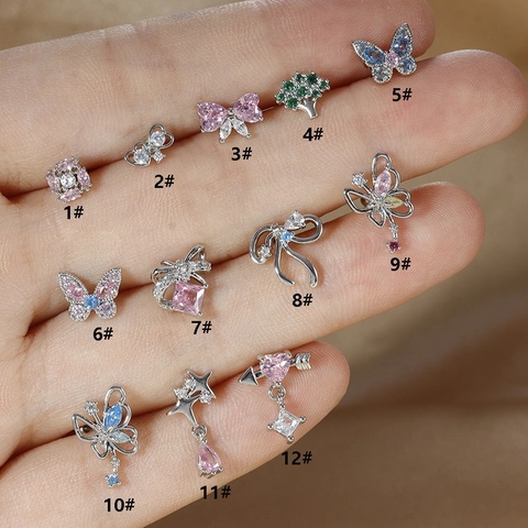 Butterfly Bow Star Tree Stainless Steel Earring Studs Gold Silver Plated Zirconia Cartilage Piercing Jewelry For Women