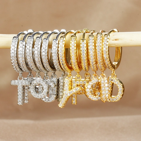 Fashion Alphabet Rhinestone Copper Electroplated Earrings Western Individual Gold Silver Letters Hoop Drop Earrings For Unisex Jewelry