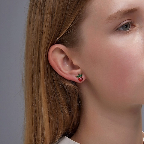 Gold Plated Copper Fruit Zirconia Stud Earrings With 925 Sterling Silver Earring Post Strawberry Cherry Grape For Women