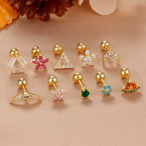 Stainless Steel Screw Back Stud Earrings For Women Rhinestone Flower Moon Triangle Star Helix Piercing Cartilage Ear Jewelry