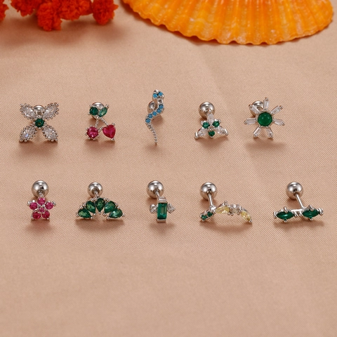 Orecchini a Bottone in Acciaio Inossidabile con Zircone Fiore Ciliegia Serpente per Donna Gioielli Piercing di Lusso Leggero