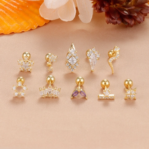 Stainless Steel Zirconia Star Crown Snake Helix Piercing Stud Earrings For Women Fashion Minimalist Earring Jewelry Gift