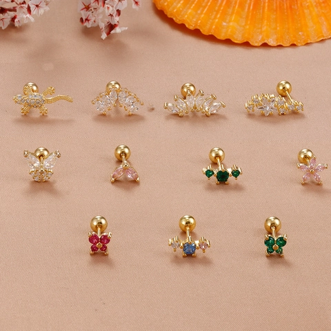 Stainless Steel Gold Plated Copper Zirconia Cartilage Stud Earrings Butterfly Lizard Flower Star Piercing Ear Jewelry For Women