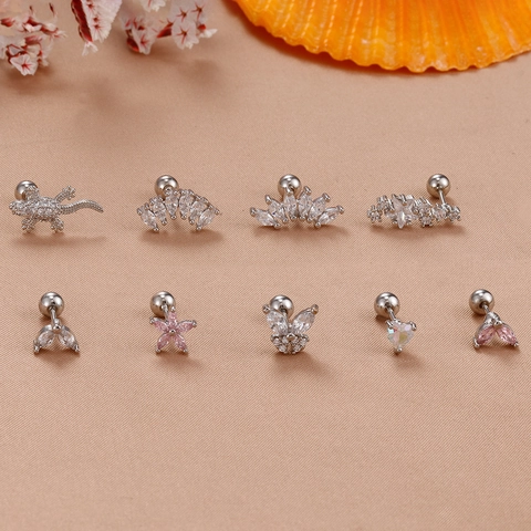 Stainless Steel Gold Plated Copper Zirconia Cartilage Stud Earrings Butterfly Lizard Flower Star Piercing Ear Jewelry For Women