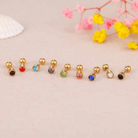 Boucles d'Oreilles Clous en Acier Inoxydable Zirconium Rond Plaqué Or Fermoir à Vis Boule Bijoux de Piercing pour Femme