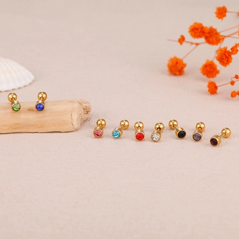 Boucles d'Oreilles Clous en Acier Inoxydable Zirconium Rond Plaqué Or Fermoir à Vis Boule Bijoux de Piercing pour Femme