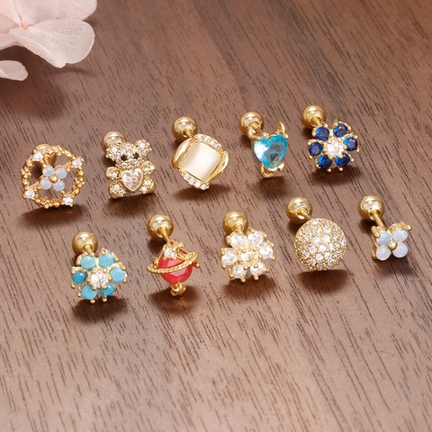 Boucles d'Oreilles Cartilage en Acier Inoxydable Femme Or Argent Fleur Ours Coeur Planète Minimaliste Bijoux Piercing Zirconium