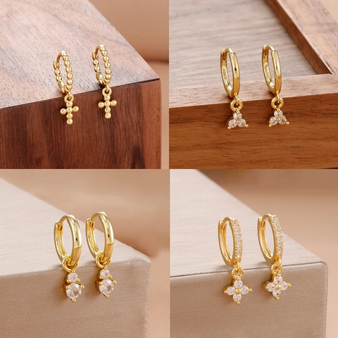 Stainless Steel Geometric Cross Clover Hoop Earrings Rhinestone Inlaid Gold Silver Dangle Drop Earrings For Women Jewelry