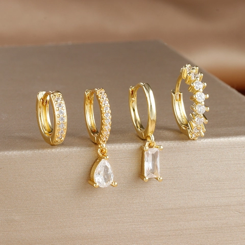 Luxury Gold Plated Copper Rhinestone Hoop Earrings Set For Women Geometric Rectangle Water Drop Pendant Fashion Jewelry Earrings