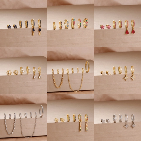 Stainless Steel Zirconia Earring Set With 925 Sterling Silver Earring Post Gold Silver Colorful Flower Hoop Stud Earrings Women Jewelry