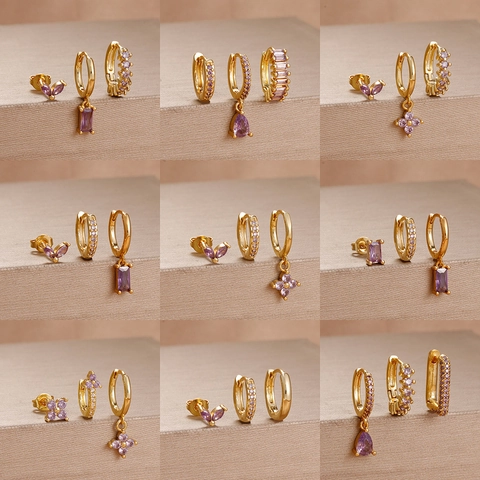 Luxury Stainless Steel Earring Set Purple Rhinestone Gold Plated 925 Sterling Silver Post Flower Butterfly Earring Set Jewelry