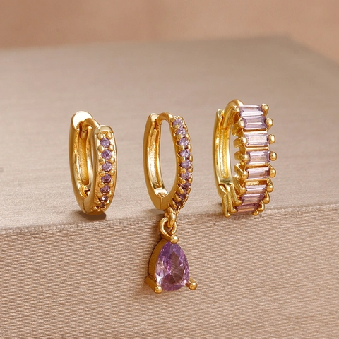 Luxury Stainless Steel Earring Set Purple Rhinestone Gold Plated 925 Sterling Silver Post Flower Butterfly Earring Set Jewelry