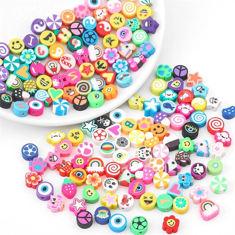 Colorful Polymer Clay Beads Mixed Fruit Animal Flower Smiley Face Evil Eye Pattern Loose Beads For Jewelry Making Craft