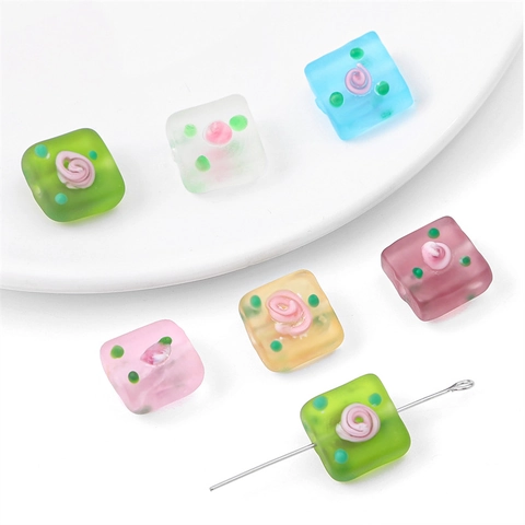 Handbemalte Mattierte Quadratische Lampwork Glasperlen Blumen Rosenmuster Lose Abstandsperlen Für DIY Schmuckherstellung Armband Zubehör