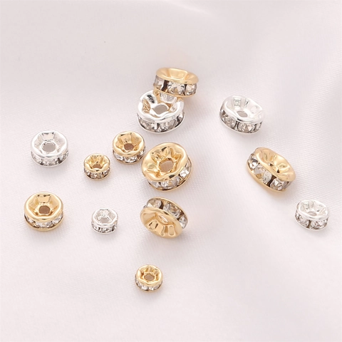 Metal Rondelle Spacer Beads With Rhinestone Inlaid Gold Silver Plated For DIY Jewelry Making Bracelet Necklace Handcraft Findings