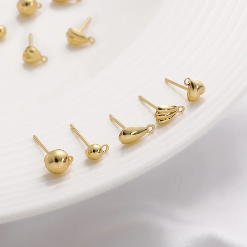 14K Gold Plated Alloy DIY Earring Post Findings For Jewelry Making Heart Water Drop Shell Shape Earring Post With Loop