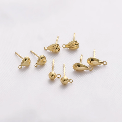 14K Gold Plated Alloy DIY Earring Post Findings For Jewelry Making Heart Water Drop Shell Shape Earring Post With Loop