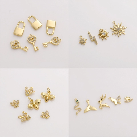 14K Vergoldete Kupfer Zirkonia Anhänger Für DIY Schmuckherstellung Herz Sonne Biene Stern Anhänger Für Armband Halskette