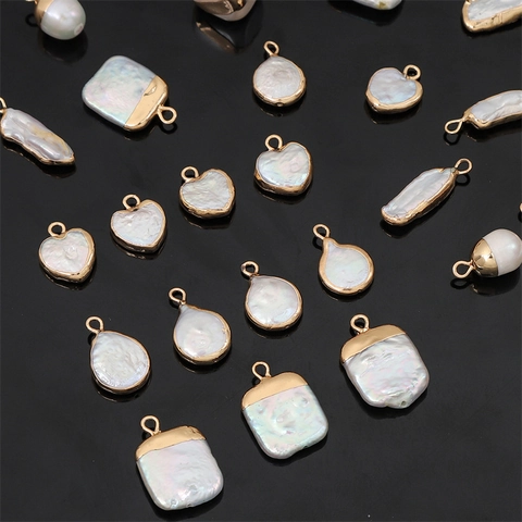 Natural Freshwater Pearl Pendants For DIY Jewelry Making Irregular Gold Plated Alloy Edging Charms Connectors