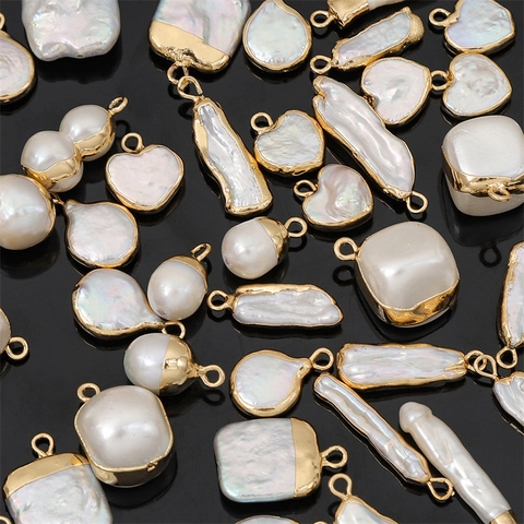 Natural Freshwater Pearl Pendants For DIY Jewelry Making Irregular Gold Plated Alloy Edging Charms Connectors
