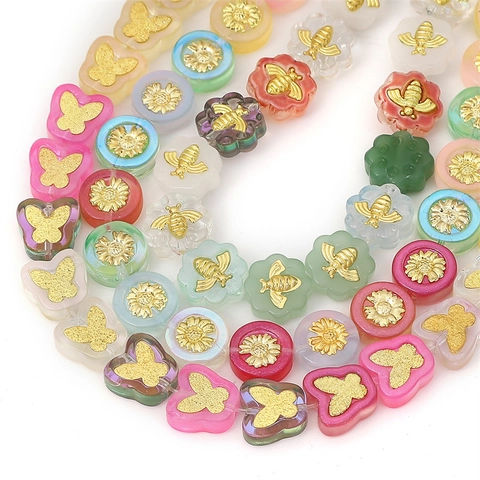DIY Jewelry Making Glass Resin Loose Beads Gold Inlaid Bee Sunflower Butterfly Pattern Round Flower Shaped Accessories For Handmade Necklace Bracelet Earring Crafts