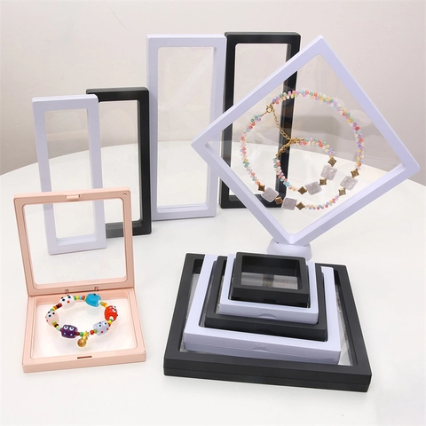 3D Zwevende Sieraden Display Box PE Folie Ophangframe Anti-oxidatie Opbergbox Voor Ketting Ring Medaille Verzamelobject Organizer Houder