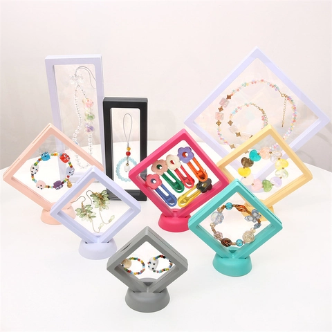 3D Zwevende Sieraden Display Box PE Folie Ophangframe Anti-oxidatie Opbergbox Voor Ketting Ring Medaille Verzamelobject Organizer Houder