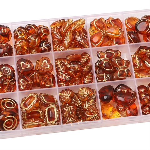 Vintage Amber Acrylic Beads With Gold Traced Details Butterfly Heart Leaf Round Spacer Beads For DIY Jewelry Craft Beading
