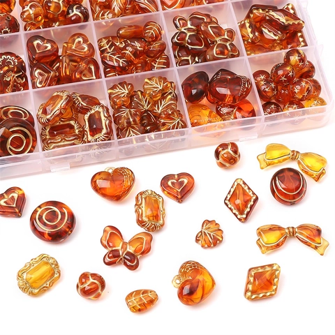 Vintage Amber Acrylic Beads With Gold Traced Details Butterfly Heart Leaf Round Spacer Beads For DIY Jewelry Craft Beading
