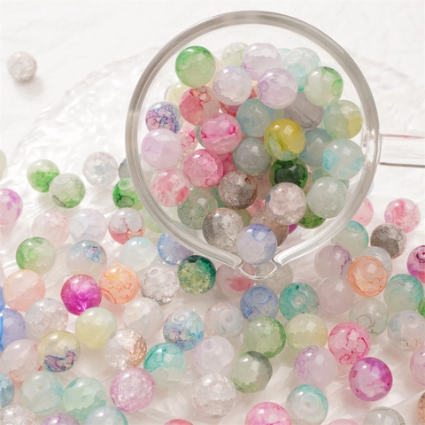 Crackle Glass Round Loose Beads For DIY Jewelry Making Handmade Bracelet Necklace Mixed Color Ice Crack Beads