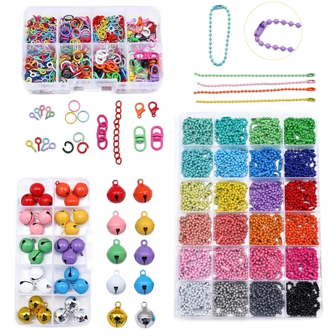 Kit de Accesorios para Joyería DIY Campanas de Aleación Pintada Cadenas de Cuentas Cierres de Langosta Anillos Abiertos