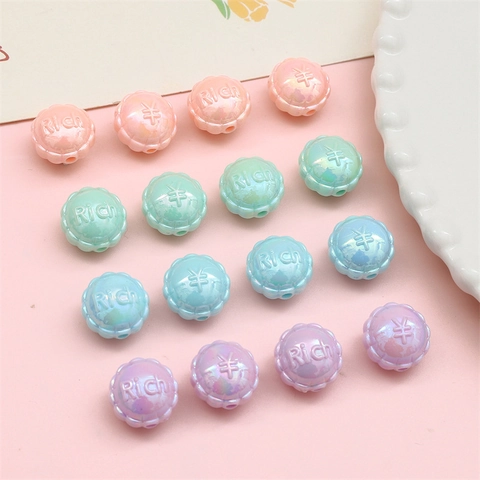 Perles en Acrylique Perlées Couleur Macaron pour DIY Bijoux Perles Rondes Plates Festonnées Avec Texte Rich et Symbole