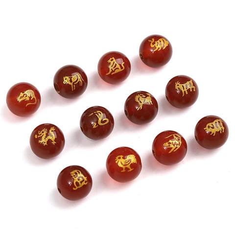 Perline di Pietra Rotonde in Agata Rossa Naturale Zodiaco Cinese Oro Bronzato per Creazione Gioielli Fai-da-te Bracciale Collana