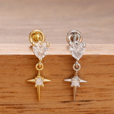 Stainless Steel Heart Zirconia North Star Dangle Screw Back Earrings Gold Silver Piercing Jewelry For Women Piercing Studs