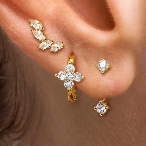 Orecchini a Bottone in Acciaio Inossidabile con Zircone Marquise e Fiore con Huggie Hoop per Donna Gioielli Moda Pendolari