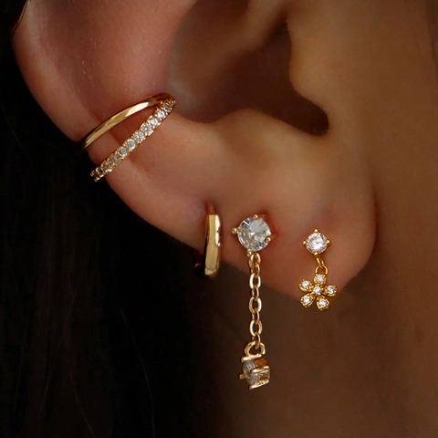 Fashion Stainless Steel Zircon Earrings For Women Minimalist Gold Plated Flower Chain Hoop Earrings Ear Bone Clip Jewelry Accessory